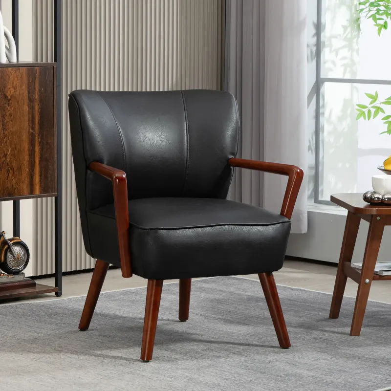Luxus-Akzentsessel, breiter Sitz, Lederoptik, Holzrahmen, Schwarz – 67x77x80 cm, 120 kg