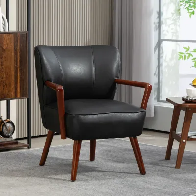 Luxus-Akzentsessel, breiter Sitz, Lederoptik, Holzrahmen, Schwarz – 67x77x80 cm, 120 kg