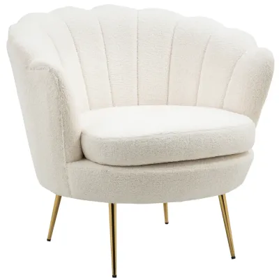 Polstersessel in Muschelform, Relaxsessel, Entspannungssessel, Metallbeine in Goldoptik, 79L x 77B x 77H cm, Weiss