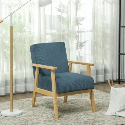Loungesessel im 50er‑Jahre‑Design, Samt Cord, Blau, 59 x 67 x 79,5 cm – S‑Federn, Gummiholz, 120 kg