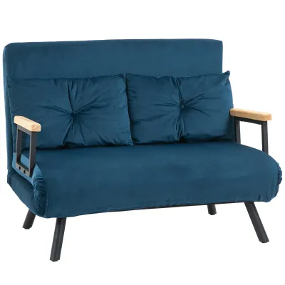 Schlafsofa 2er-Sofa Samtsofa, Schlaffunktion, inkl. 2 Kissen, Samtoptik, Natur + Blau