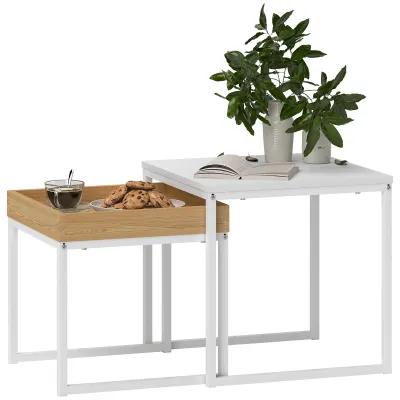 Moderner Couchtisch mit Tablett, 2er-Set Sofatisch, für kleine Räume, Quadratisch, MDF, Metall, Weiss