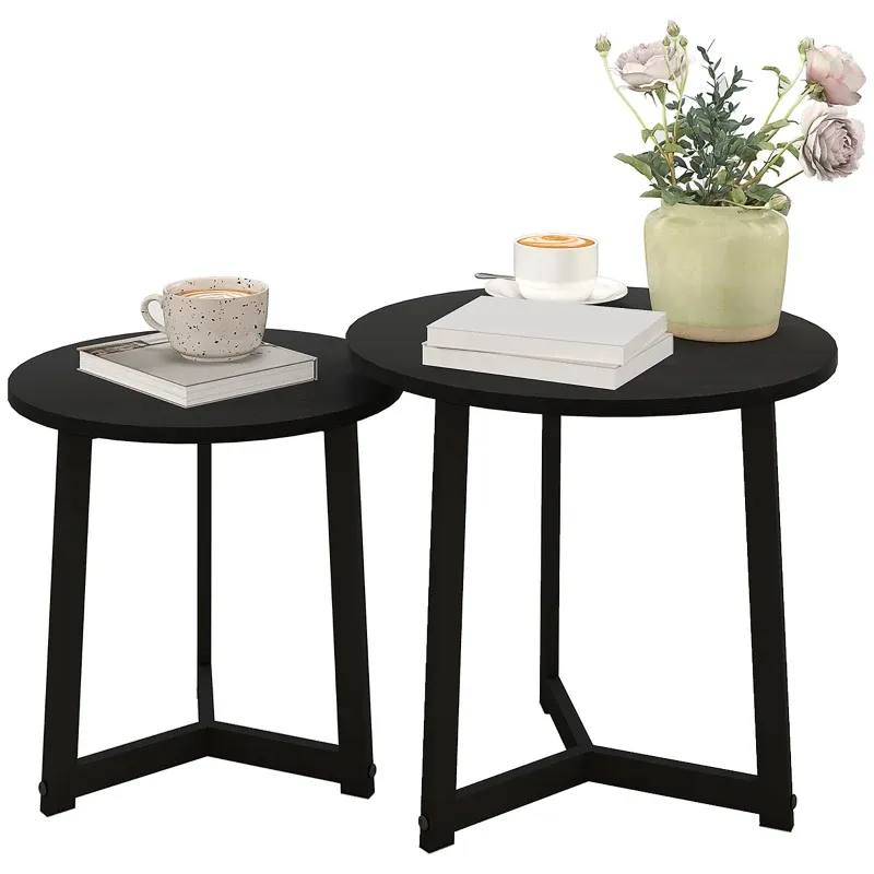 2er-Set Moderner Beitelltisch, Couchtisch, Metallrahmen, MDF, Rundes Design, ineinander verschiebbar, Schwarz