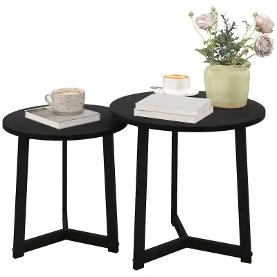 2er-Set Moderner Beitelltisch, Couchtisch, Metallrahmen, MDF, Rundes Design, ineinander verschiebbar, Schwarz