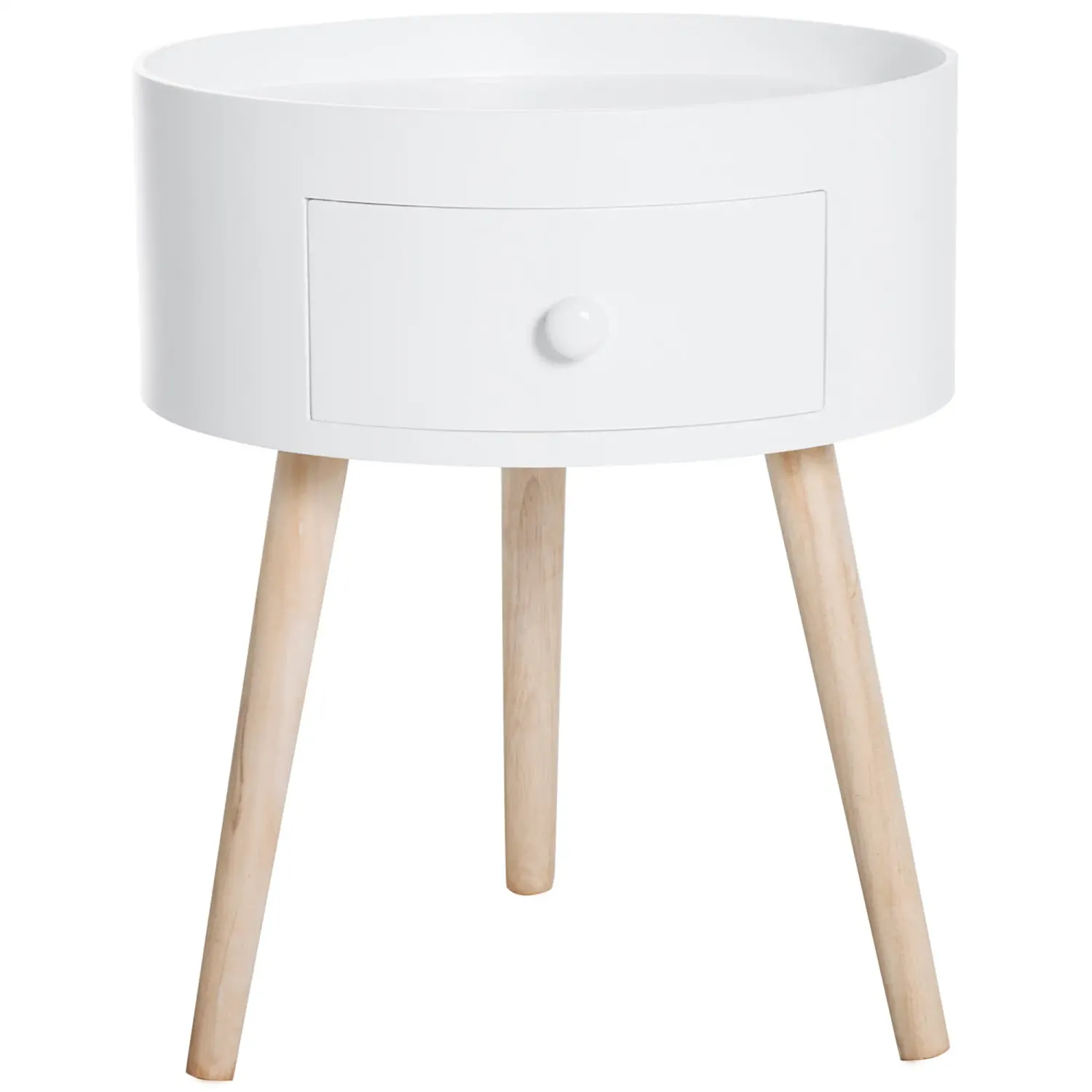 Couchtisch, Beistelltisch mit Schublade, rund, Skandi-Design, Schutzrand, Holz, Ø38 x H45 cm, Weiss