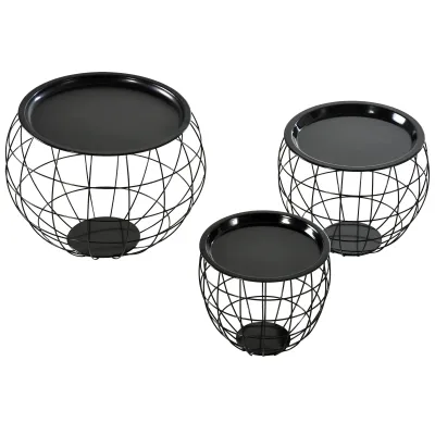 Beistelltisch Couchtisch-Set 3-teilig, abnehmbare Tischplatte, Stahlrahmen, Schwarz glänzend, verschiedene Grössen