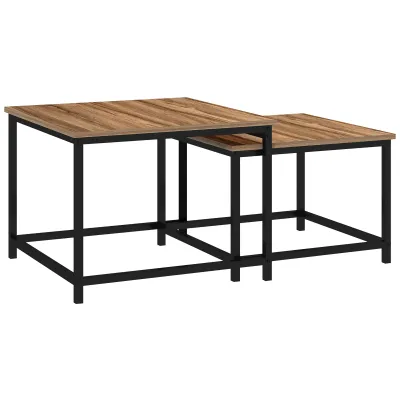 Satztisch-Set aus 2 Beistelltischen, Industrial Design, schwarzer Stahlrahmen, Tischplatte in Holzoptik