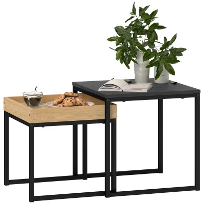 Moderner Beistelltisch, 2er-Set Sofatisch, für kleine Räume, Quadratisch, MDF, Metall, Schwarz