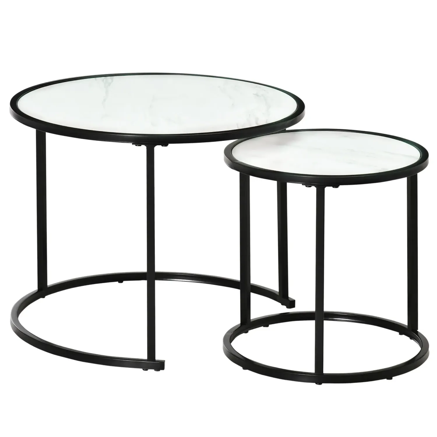 2er Set Beistelltisch rund mit Holz-Marmoroptikplatte und schwarzen Metallbeinen