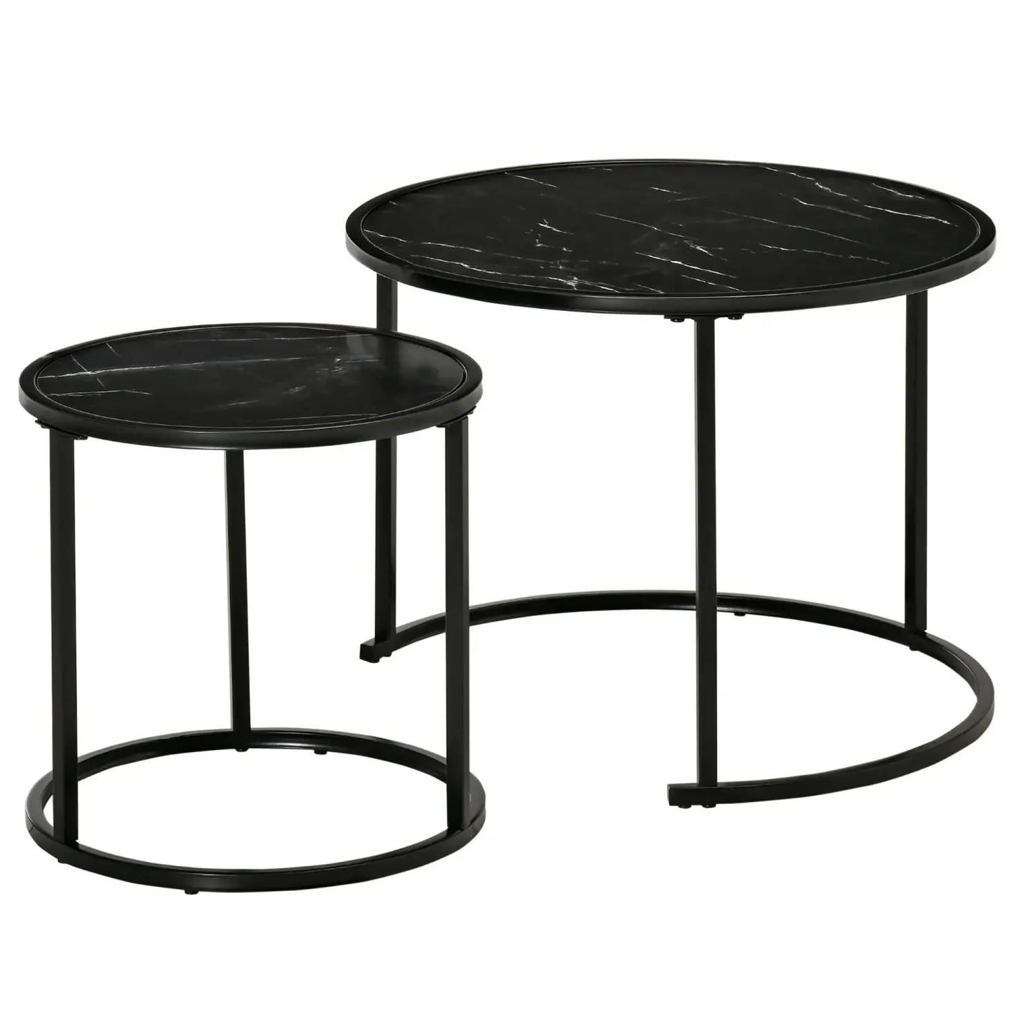 2er Set Beistelltisch, Couchtisch mit Holzoptik-Marmorplatte und schwarzen Metallbeinen
