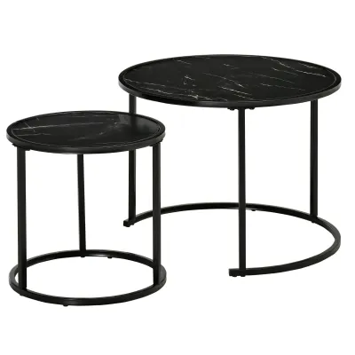 2er Set Beistelltisch, Couchtisch mit Holzoptik-Marmorplatte und schwarzen Metallbeinen