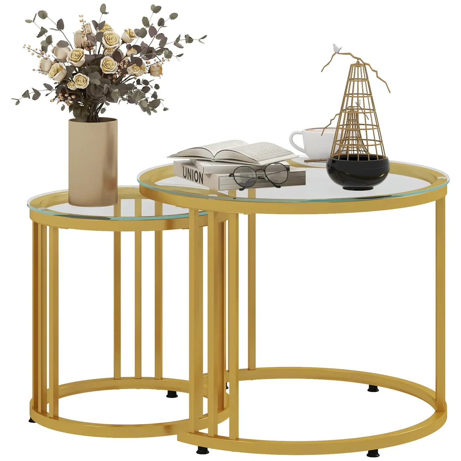 2er Set Beistelltisch, Karbonstahl, Glasplatte, Ø60x47/Ø40x42 cm, Gold