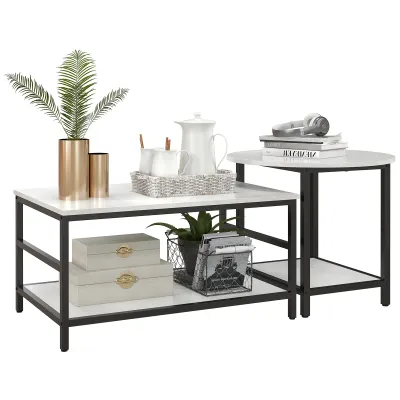 2er Set Couchtisch Beistelltisch Marmoroptik, verstellbare Füsse, Stahl, Schwarz/Weiss