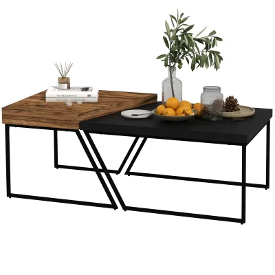 2er Set Couchtisch, Beistelltisch, Industrial Design, Stahlrahmen, Holz/Schwarz