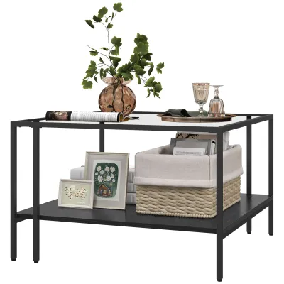 Quadratischer Glastisch mit 2 Ebenen, 1 Regal, minimalistisches Design, 73B x 73T x 46,5H cm, Schwarz