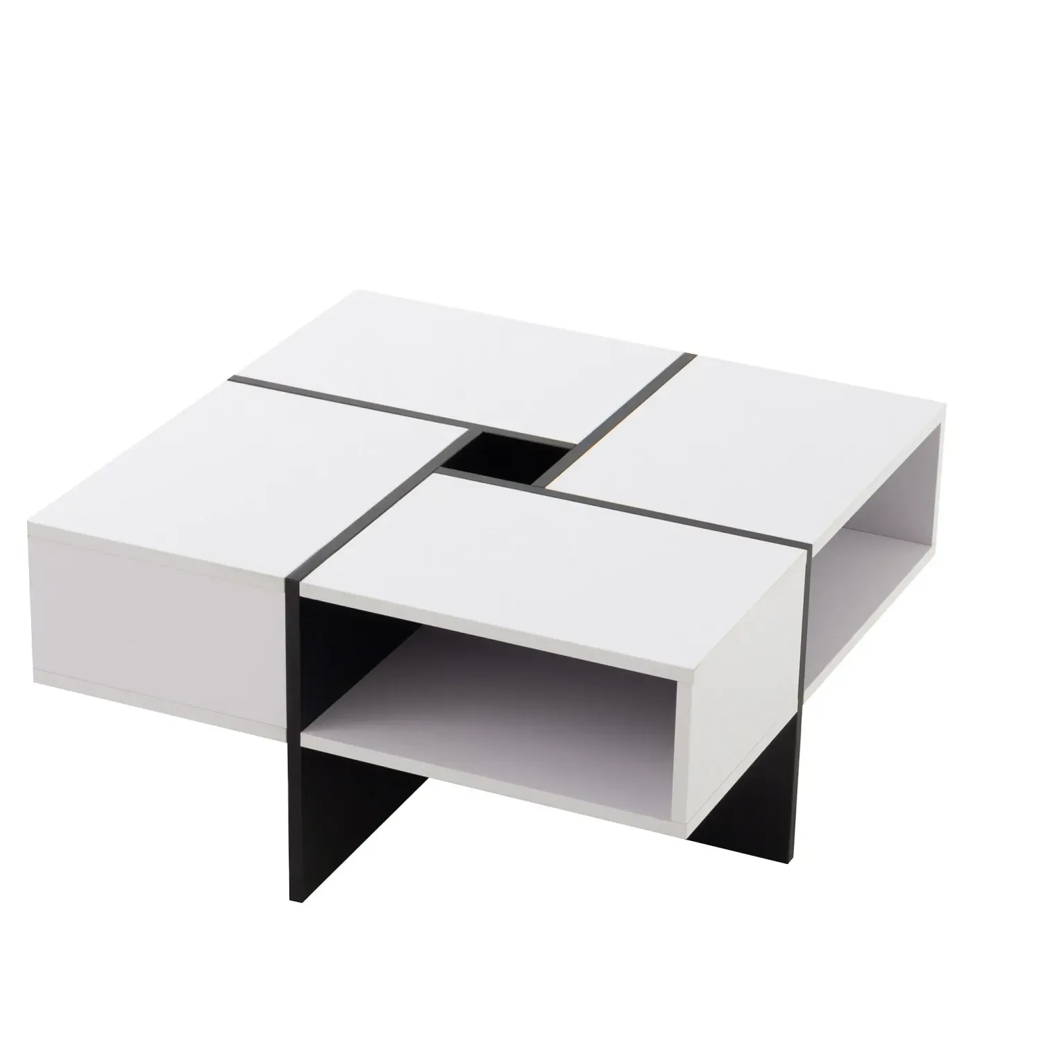 Moderner quadratischer Couchtisch, 5 offene Fächer, mittleres Staufach 10x10cm, 30KG Tragkraft, 70x70x35cm, Schwarz+Weiss