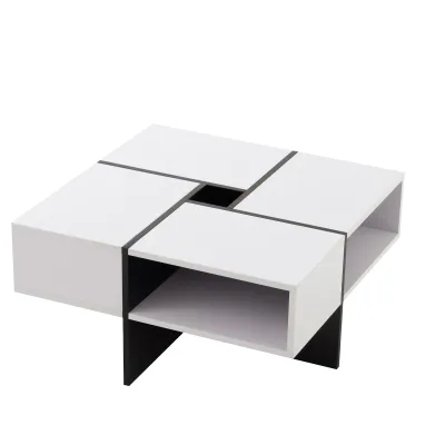 Moderner quadratischer Couchtisch, 5 offene Fächer, mittleres Staufach 10x10cm, 30KG Tragkraft, 70x70x35cm, Schwarz+Weiss