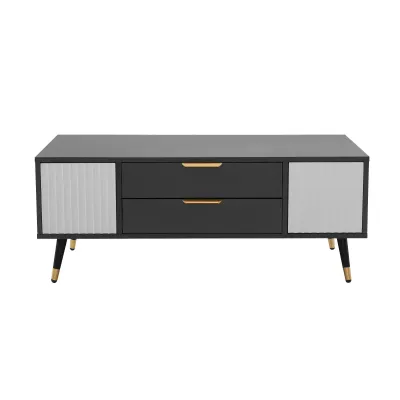 hochwertiger Couchtisch 100×50×40 cm mit 2 Türen, 2 Schubladen und vergoldeten Akzenten, Weiss+Grau