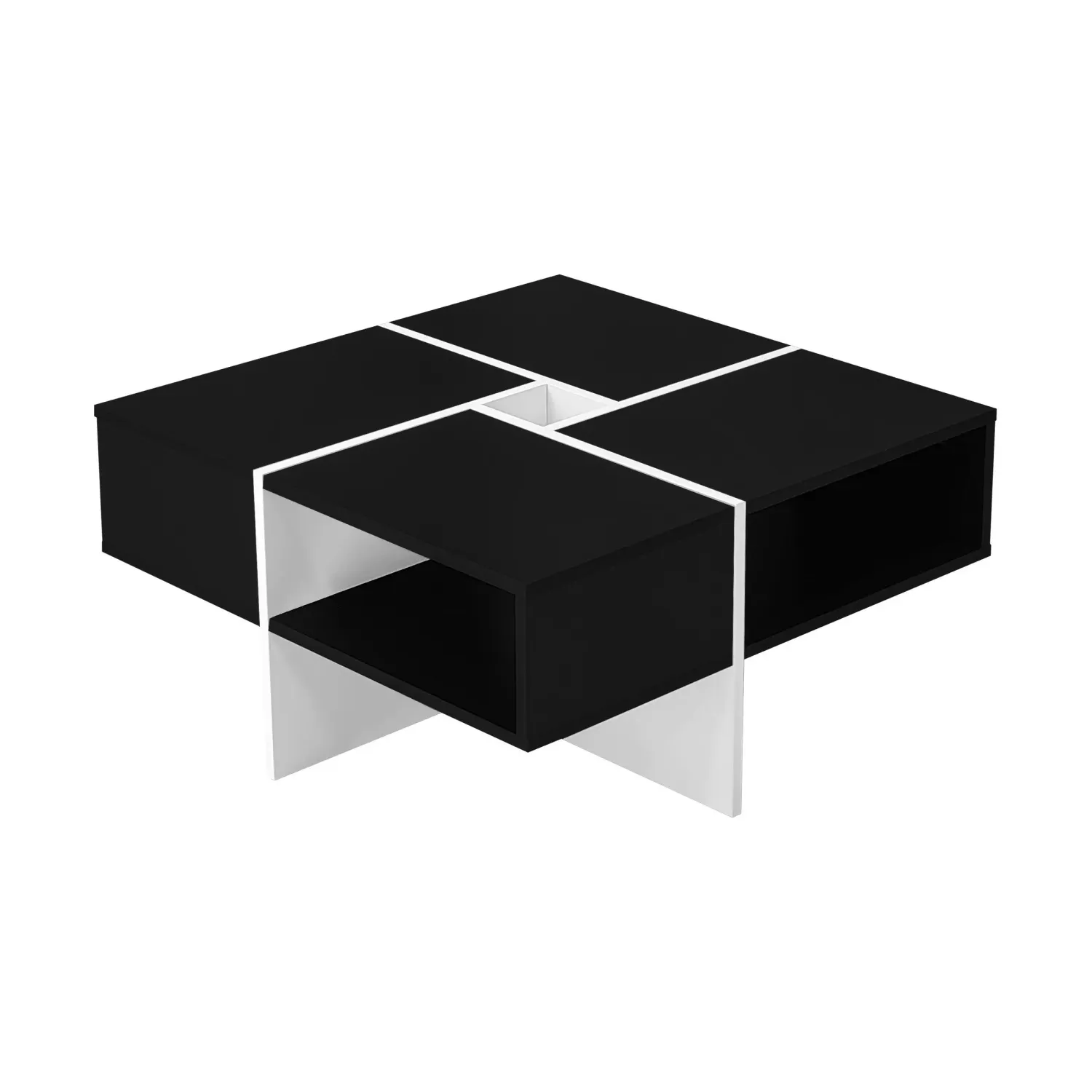 Moderner quadratischer Couchtisch, 70×70×35 cm, Schwarz-Weiss Design, 5 offene Fächer, mittleres Ablagefach 10×10 cm, Belastbarkeit 30 kg, Weiss+Schwarz