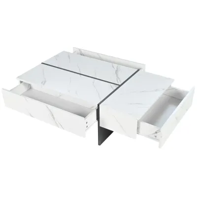 Moderner Couchtisch mit LED-Beleuchtung, Marmormuster, Hochglanz Tischplatte, Weiss