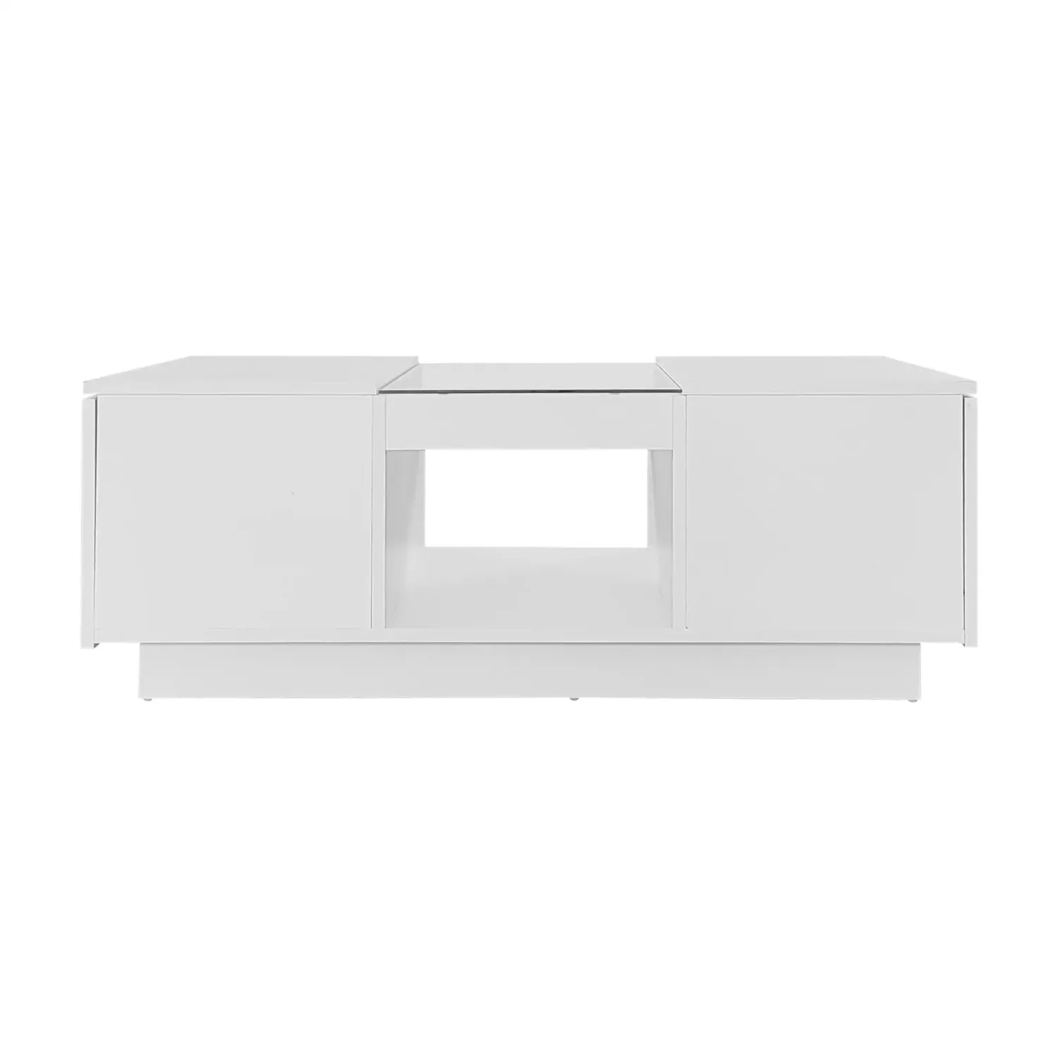 Couchtisch mit Glasverkleidung, LED-Beleuchtung, App-Steuerung, 2 Schubladen und offenem Fach, 100×50×35,5 cm, Weiss
