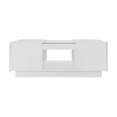 Couchtisch mit Glasverkleidung, LED-Beleuchtung, App-Steuerung, 2 Schubladen und offenem Fach, 100×50×35,5 cm, Weiss