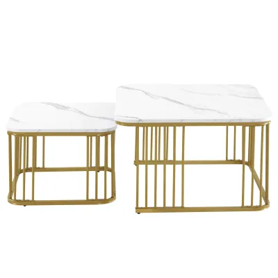 2er Set quadratische Hochglanz-Marmoroptik-Couchtische mit vergoldeten Beinen, verstellbare Füsse, Weiss