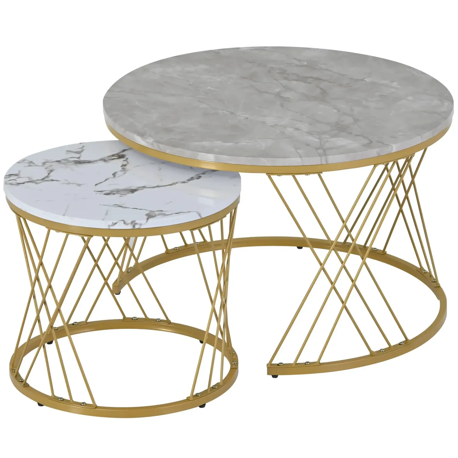 2er Set, Nesting Couchtisch mit Marmormuster, rund, stabiler Metallrahmen, 70×70×45 cm, Grau