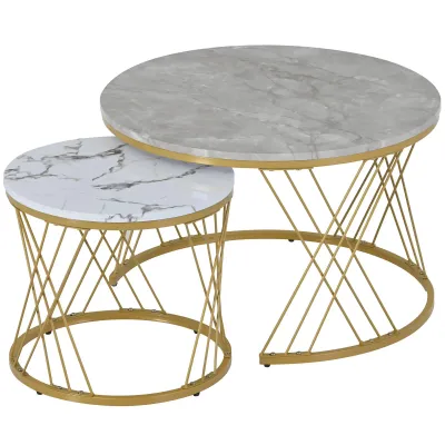 2er Set, Nesting Couchtisch mit Marmormuster, rund, stabiler Metallrahmen, 70×70×45 cm, Grau