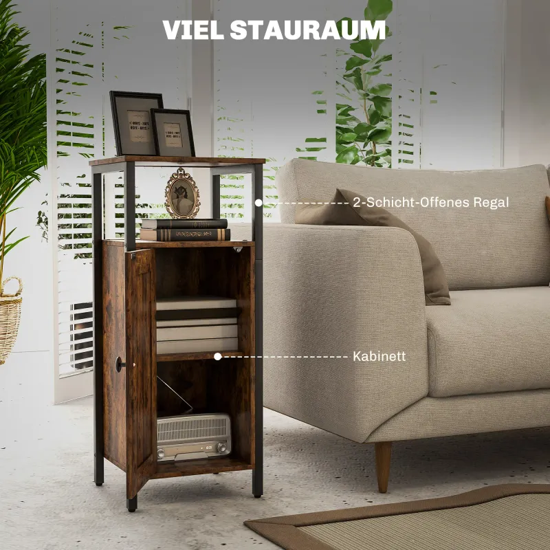 Beistelltisch mit Stauraum, 2 offene Regale, 3-stufig verstellbar, magnetische Tür, Braun