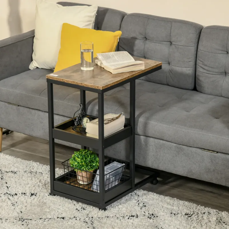 Beistelltisch, Nachttisch mit Rädern für Sofa oder Bett, Industriestil, Braun und Schwarz