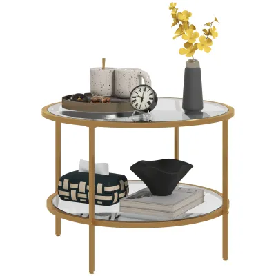 Glastisch, Beistelltisch, modernes Design, 2 Etagen, Ø60x43H cm, Goldton
