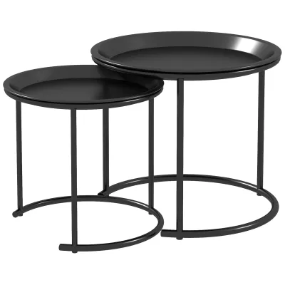 2er-Set Beistelltische aus Metall, ineinander verschiebbar, Tischplatten als Tabletts verwendbar, Schwarz