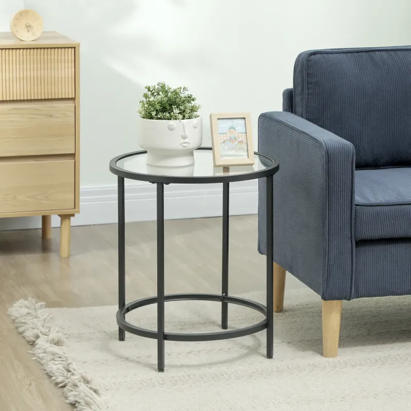 Runder Beistelltisch, Glastisch, kleiner Kaffeetisch für Wohnzimmer, Schlafzimmer, Schwarz