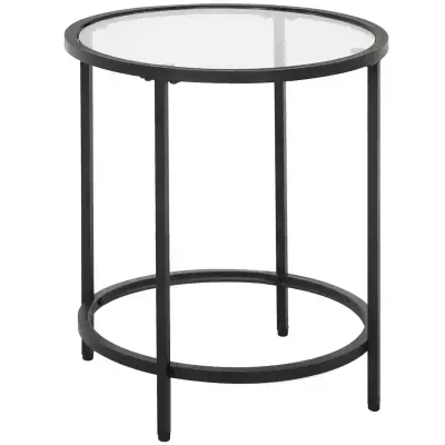 Runder Beistelltisch, Glastisch, kleiner Kaffeetisch für Wohnzimmer, Schlafzimmer, Schwarz