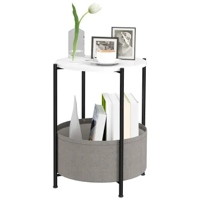 Runder Beistelltisch mit Stoffkorb, 2-stufiger Kaffeetisch für Wohnzimmer, Schlafzimmer, kleine Räume, Metall, Grau+Weiss