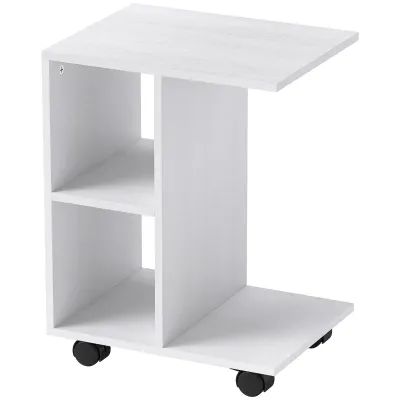 Beistelltisch in C-Form, Kaffeetisch, Couchtisch mit Rollen 45 x 35 x 58 cm, Weiss
