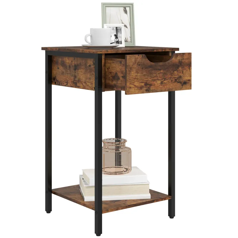 Beistelltisch im Industriestil, Schublade, Ablagefach, Metallrahmen, Holz, 40 x 40 x 68 cm, Braun