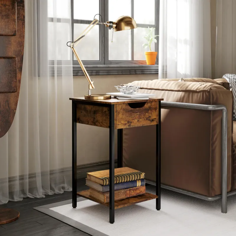 Beistelltisch im Industriestil, Schublade, Ablagefach, Metallrahmen, Holz, 40 x 40 x 68 cm, Braun