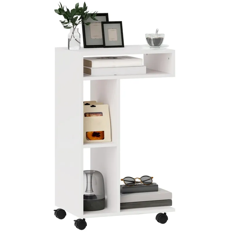 Beistelltisch, C-förmiger Servierwagen, 4 Rollen, 3 Fächer, 40 x 30 x 69 cm, Weiss