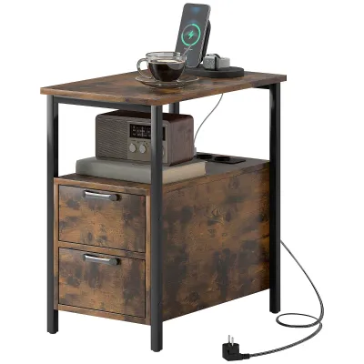 Beistelltisch, Nachttisch mit Aufladestation, USB-Anschlüssen, Steckdosen, 2 Schubladen und Regal
