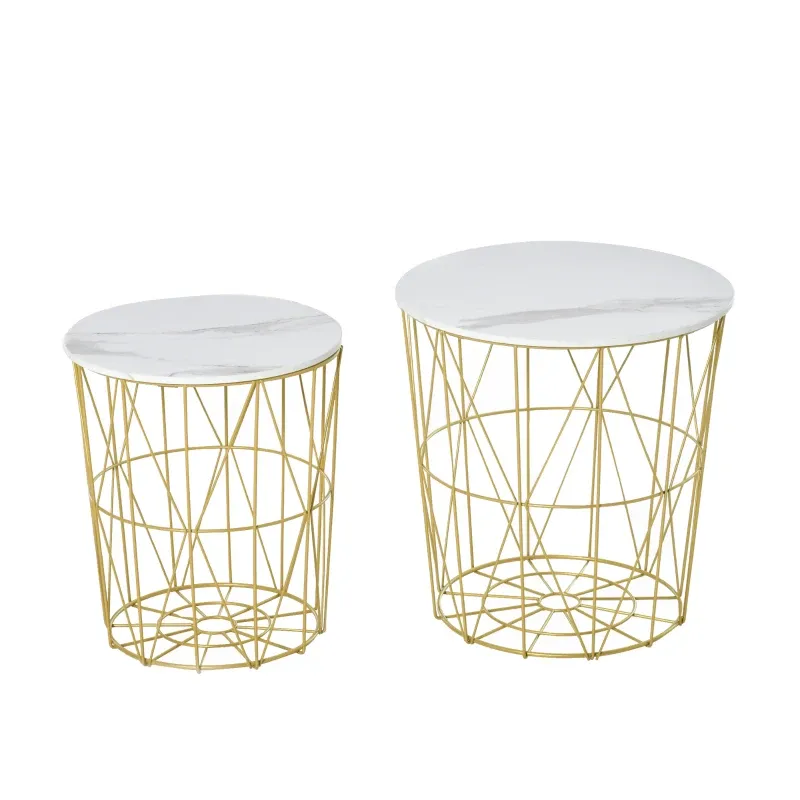 2er-Set Nesting-Couchtische - Runde Beistelltische im retro-inspirierten Stil Bicolor Gestell mit weissen Marmor-Look