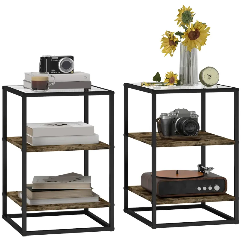 2er-Set Beistelltische mit Glasplatte, 3-stufiges Design, Metallrahmen, für Wohnzimmer, Schlafzimmer, Braun