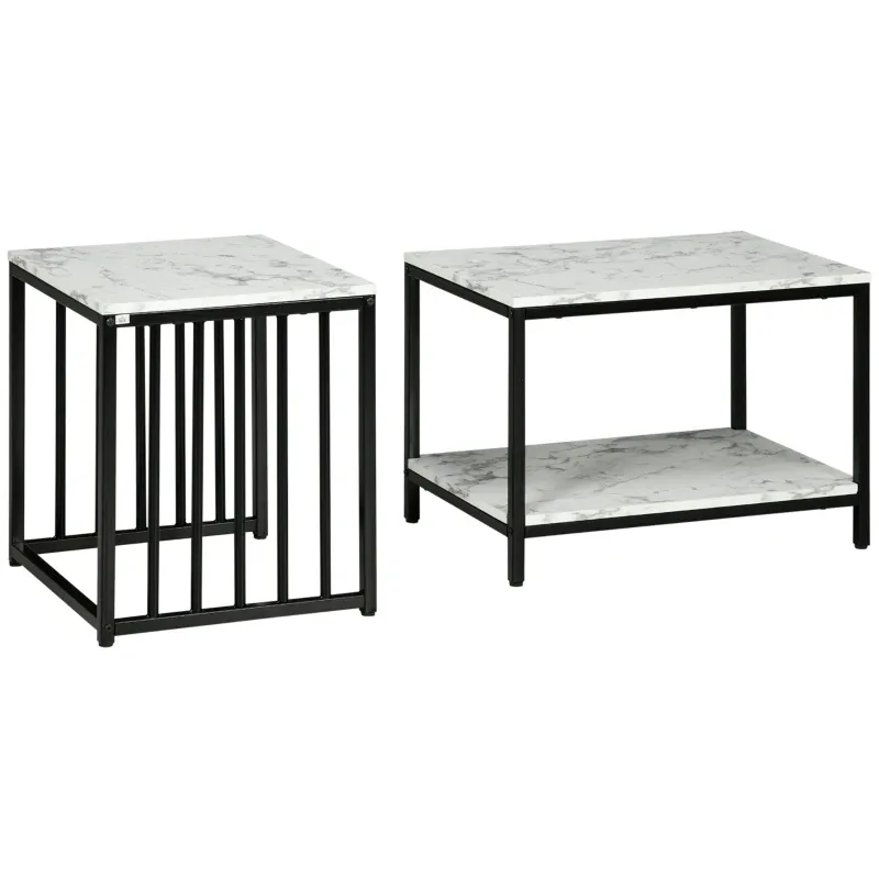 2er Set Couchtisch, stapelbar, mit Holzoptik-Marmorplatte und schwarzem Metallgestell