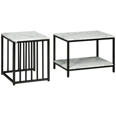 2er Set Couchtisch, stapelbar, mit Holzoptik-Marmorplatte und schwarzem Metallgestell