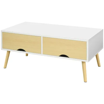 Praktischer Couchtisch mit 2 Schubladen und 1 offenem Fach 90 x 48 x 39 cm Weiss und Natur