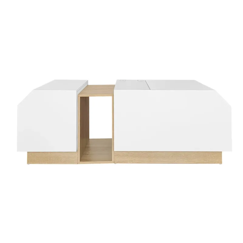 Stilvoller LED-Couchtisch mit App-Steuerung, Weiss und Holz, multifunktionale Aufbewahrung