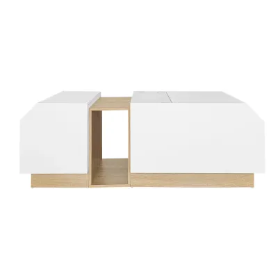 Stilvoller LED-Couchtisch mit App-Steuerung, Weiss und Holz, multifunktionale Aufbewahrung