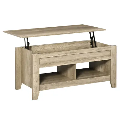 Höhenverstellbarer Couchtisch mit 2 Platten, verborgenen Fächern und offenen Regalen aus Eichenholz