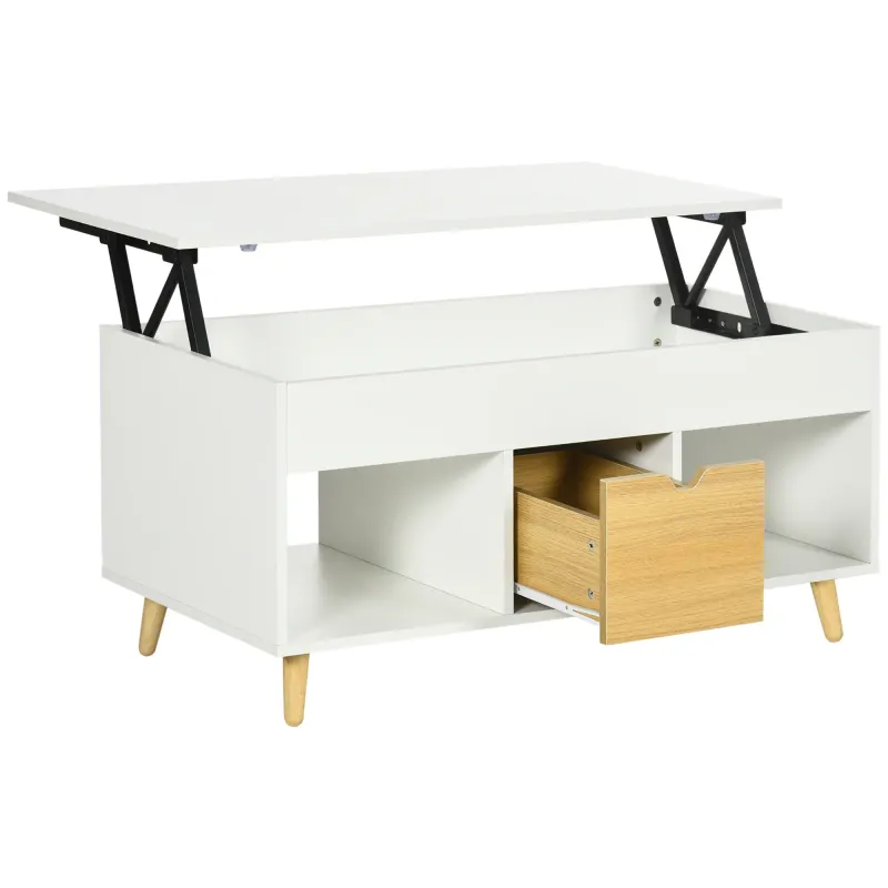 Höhenverstellbarer Couchtisch mit hochklappbarer Platte, 1 Schublade, 2 Fächern und Fach - in Holzoptik und Weiss